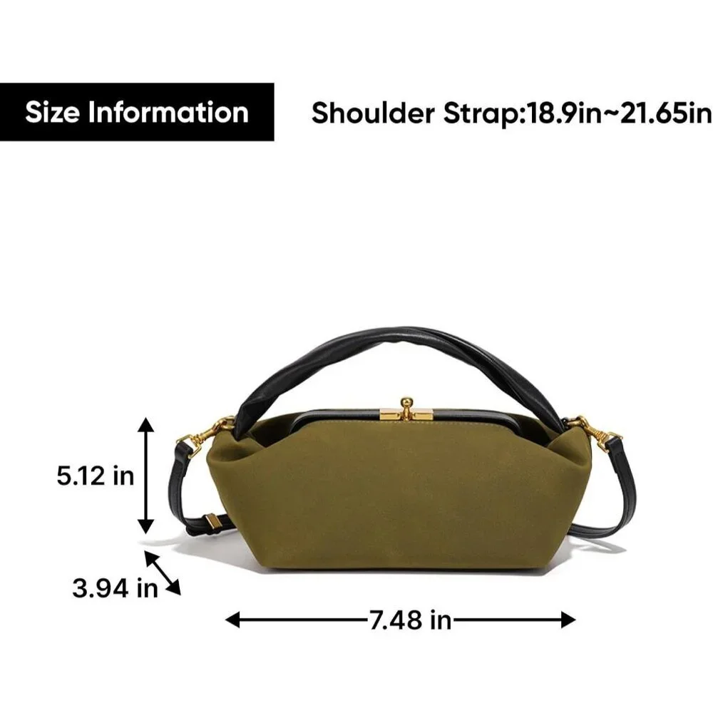 Women's Olive Faux Suede Vintage Slouchy Soft Satchel Kiss Lock Hobo Handbag